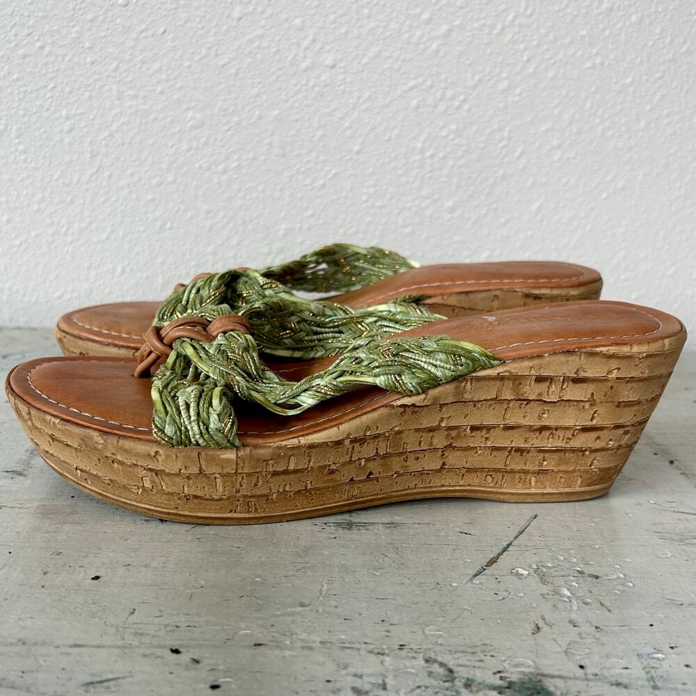 Toscanella leather and fabric platform cork flip flops made in Italy boho sage 7 - Picture 2 of 13
